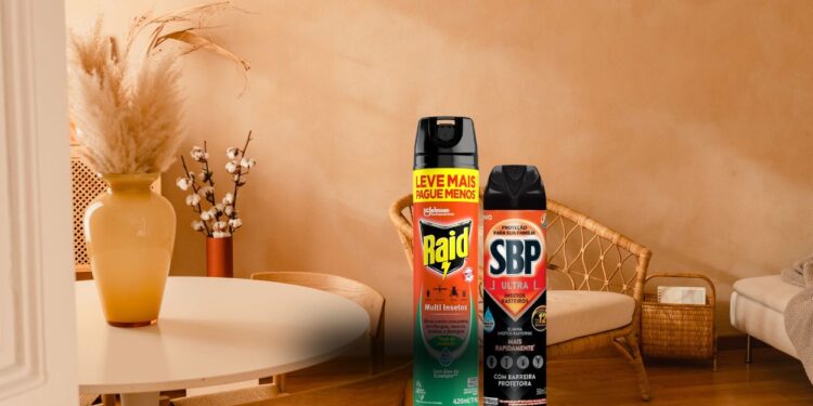 Produtos Raid e SBP inseticidas dispostos sobre mesa de madeira clara em ambiente decorado com vasos e plantas secas, mostrando embalagens de aerossol para controle de pragas domésticas. Sbp mata aranha