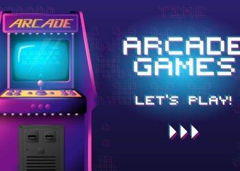 7 Jogos de Fliperama que MUDARAM TUDO e Você PRECISA Conhecer 7 Máquina de arcade retrô com luzes neon ao lado da frase "Arcade Games - Let's Play!" em estilo pixelado.