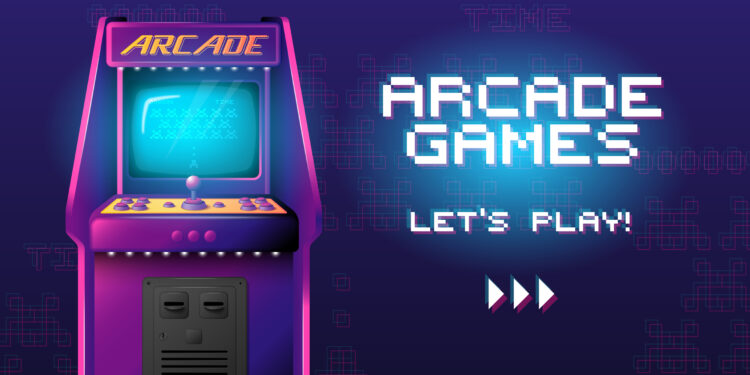 7 Jogos de Fliperama que MUDARAM TUDO e Você PRECISA Conhecer 5 Máquina de arcade retrô com luzes neon ao lado da frase "Arcade Games - Let's Play!" em estilo pixelado.