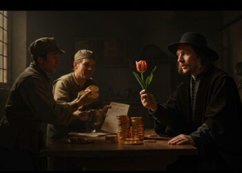 Cena dramática de troca de tulipas por moedas em ambiente rústico