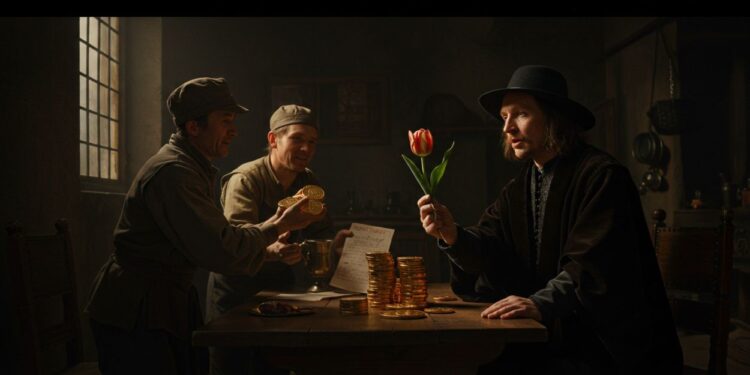 Ouro de Tolo: A curiosa história da primeira bolha financeira do mundo, a 'mania das tulipas' 8 Cena dramática de troca de tulipas por moedas em ambiente rústico