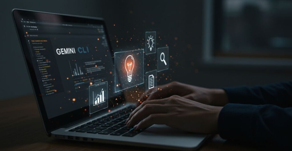 Além do Código: Como o Gemini CLI Está se Tornando o Canivete Suíço Digital que Você Não Sabia que Precisava 2 Close-up of hands about to type on a laptop with Gemini CLI and holographic icons.