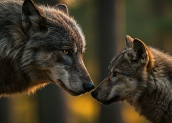 A Sociedade Secreta dos Lobos: Decifrando os Códigos da Alcateia 7 Dois lobos em um momento de interação em uma floresta iluminada pelo sol do final da tarde.
