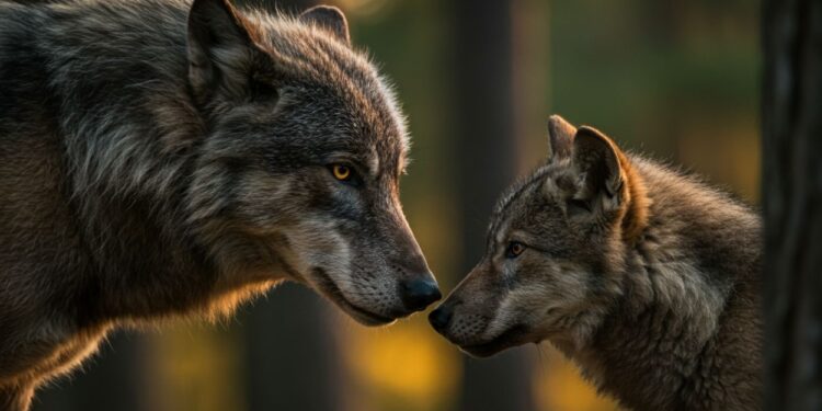 A Sociedade Secreta dos Lobos: Decifrando os Códigos da Alcateia 6 Dois lobos em um momento de interação em uma floresta iluminada pelo sol do final da tarde.