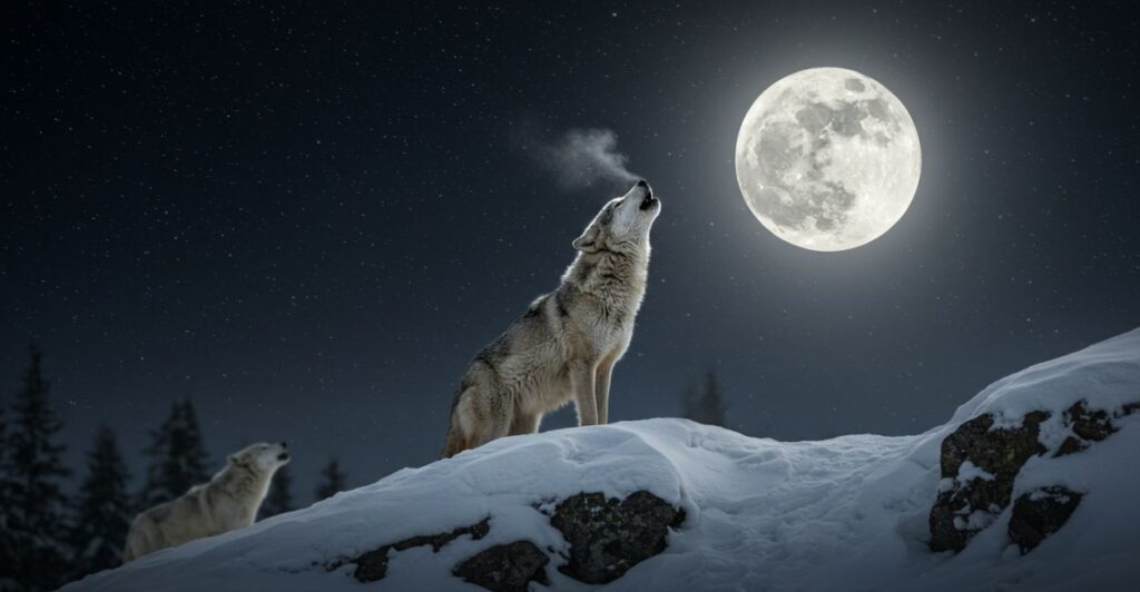 A Sociedade Secreta dos Lobos: Decifrando os Códigos da Alcateia 2 Dois lobos uivando sob a luz da lua cheia em um cume nevado durante a noite estrelada.