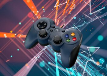 Controle Logitech F310 com fundo gamer futurista em tons neon - review e análise do gamepad para PC by Além dos Limites