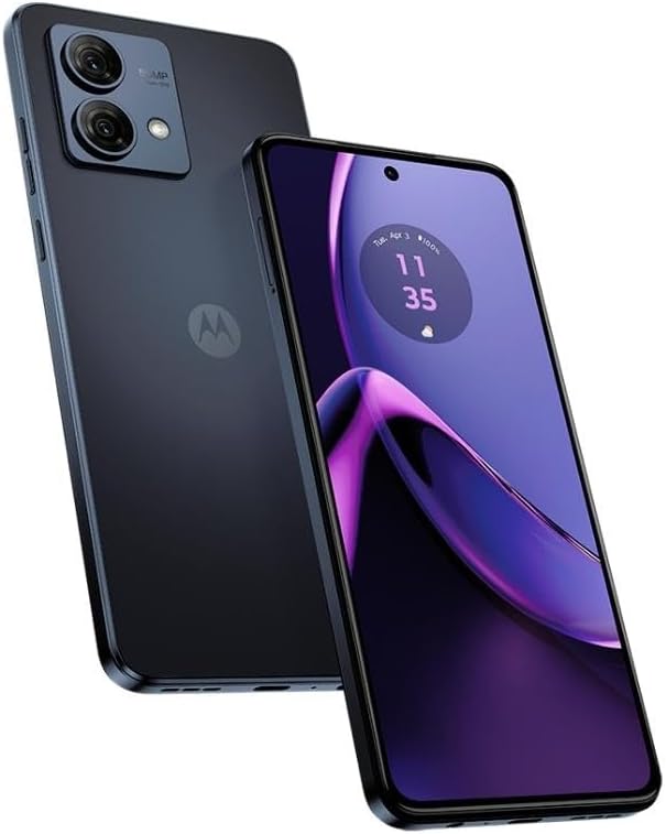 Smartphone Motorola Moto G84 5G na cor preta, exibindo frente e verso do aparelho.