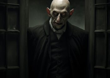 10 Clássicos do Silent Horror que marcaram o cinema 8 Cartaz em preto e branco com cena sombria de Nosferatu, mostra vampiro subindo escada com sombra marcante. Silent horror