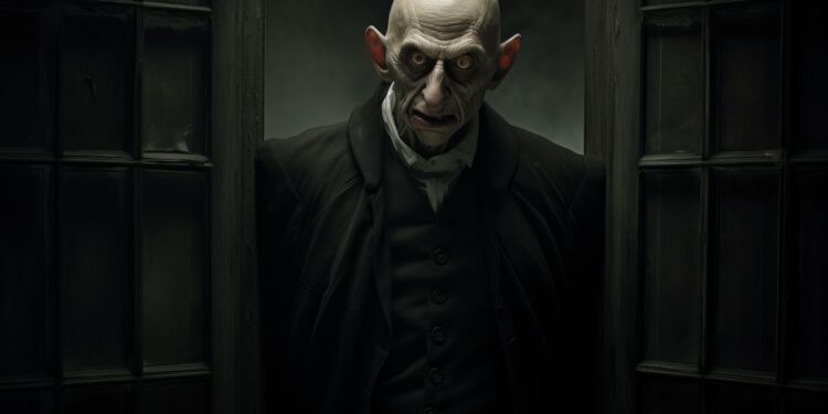 10 Clássicos do Silent Horror que marcaram o cinema 6 Cartaz em preto e branco com cena sombria de Nosferatu, mostra vampiro subindo escada com sombra marcante. Silent horror