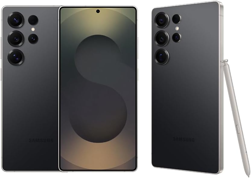 Melhor Celular para Jogar: Testei 20 e Estes 5 São Incríveis 6 Três vistas conceituais do Samsung Galaxy S25 Ultra na cor cinza escuro, mostrando o conjunto de câmeras traseiras, a tela infinita e a caneta S Pen, destacando seu design premium e potencial como o melhor celular para jogar.
