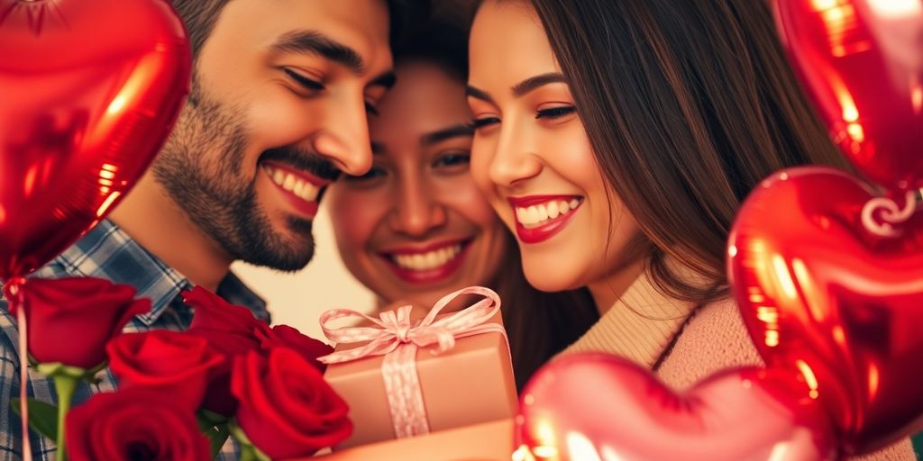 12 Ideias Criativas para Surpreender no Dia dos Namorados 4 Casal apaixonado, corações, flores, presentes, balões, romance, celebração.
