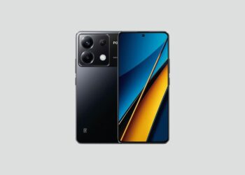 Xiaomi POCO X6 5G smartphone preto com tela azul e laranja, mostrando design moderno com câmera tripla