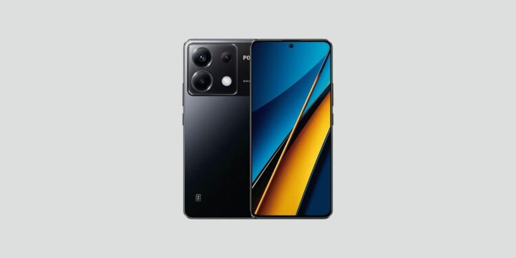 Por Que o POCO X6 5G Se Tornou Meu Celular Favorito (Review Completo) 1 Xiaomi POCO X6 5G smartphone preto com tela azul e laranja, mostrando design moderno com câmera tripla