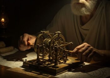 O Primeiro Computador da História: O Enigma de Bronze que Desafia a Tecnologia da Grécia Antiga 3 Filósofo grego manipulando o Mecanismo de Antikythera sob a luz de uma lamparina.