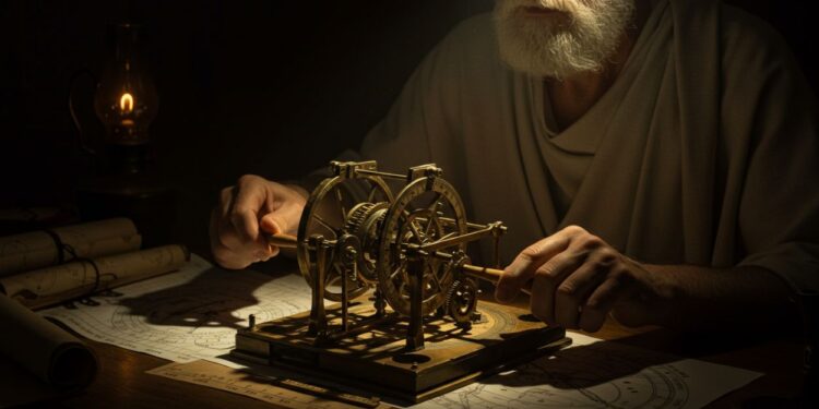 O Primeiro Computador da História: O Enigma de Bronze que Desafia a Tecnologia da Grécia Antiga 2 Filósofo grego manipulando o Mecanismo de Antikythera sob a luz de uma lamparina.