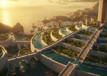 Atlântida Existiu? A Verdade e os Mitos por Trás da Cidade Perdida Mais Famosa da História 4 Vista panorâmica da mítica cidade de Atlântida, com seus anéis concêntricos de água e terra, ao pôr do sol.